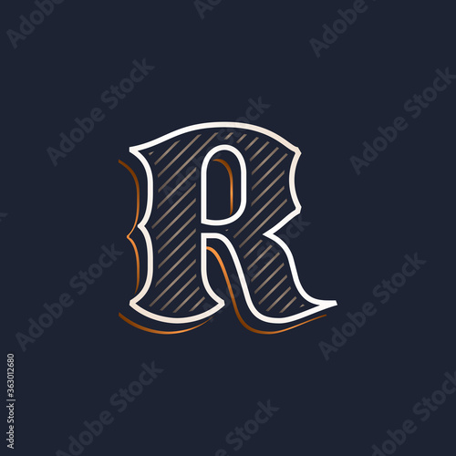 Vintage R letter logo with line decoration. Classic serif lettering.