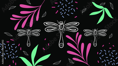 line art dragonfly floral black background