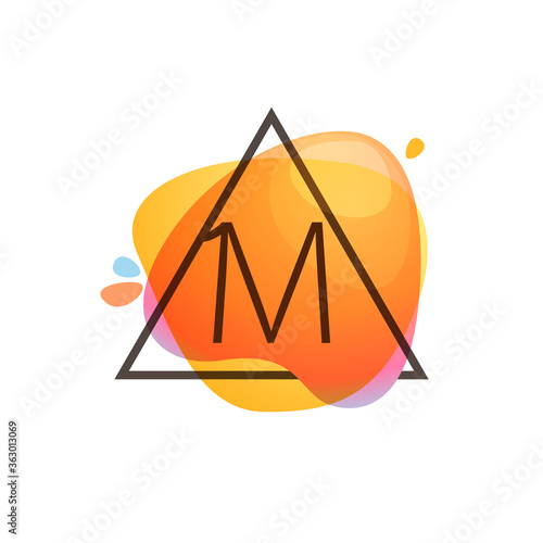 M letter logo in triangle frame at watercolor splash background. Color overlay style.