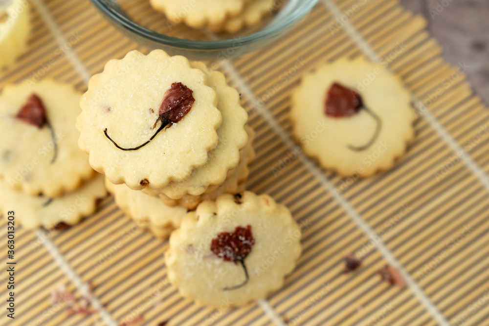Japanese sakura cookies with salted cherry blossom flower Japanese sakura cookies with salted cherry blossom flower
