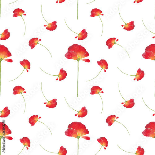 Seamless pattern of watercolor poppies on a white background. Use for design invitations, birthdays, weddings.