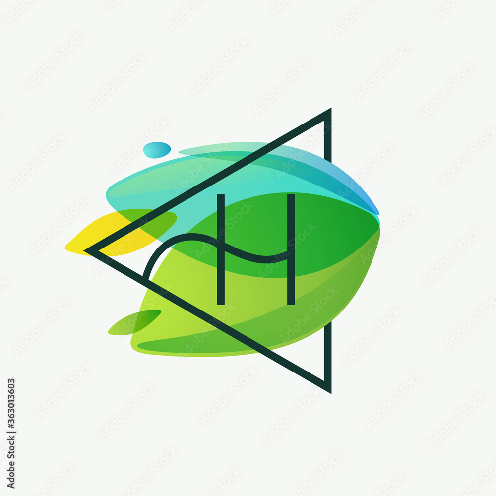 H letter logo in triangle frame at green leaves watercolor background. H letter logo in triangle frame at green leaves watercolor background.