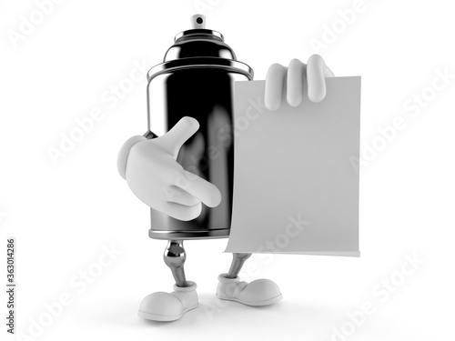 Spray can character holding blank sheet of paper