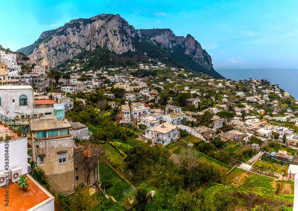 A view from Piazzo Umberto over Marina Grande and Capri town towards Mount Solaro on the island of Capri, Italy
