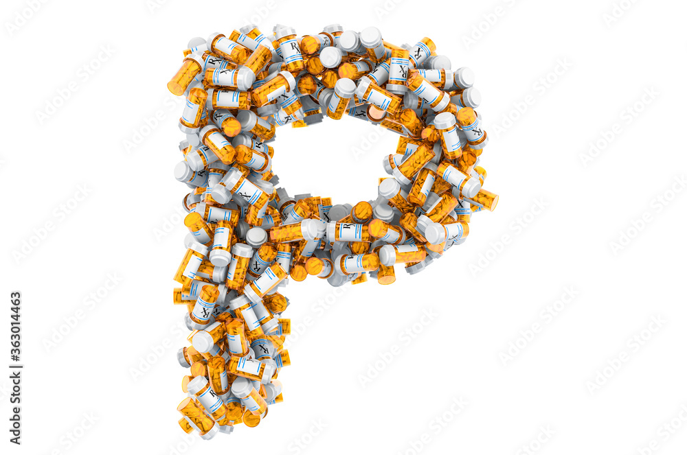 Letter P from medical bottles with drugs. 3D rendering Letter P from medical bottles with drugs. 3D rendering