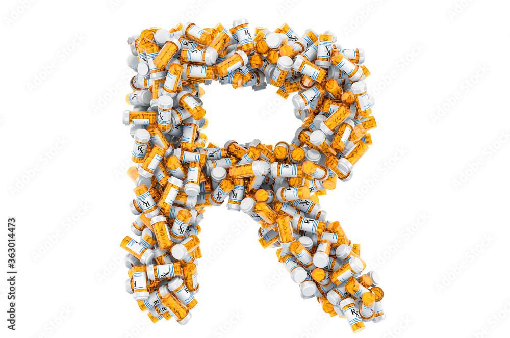 Letter R from medical bottles with drugs. 3D rendering Letter R from medical bottles with drugs. 3D rendering