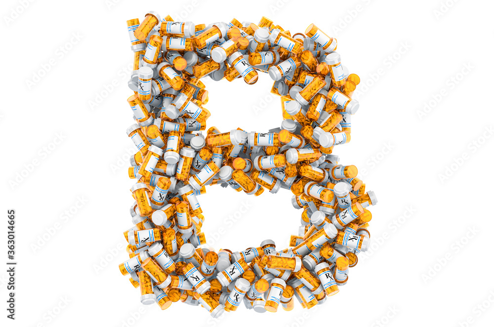 Letter B from medical bottles with drugs. 3D rendering Letter B from medical bottles with drugs. 3D rendering