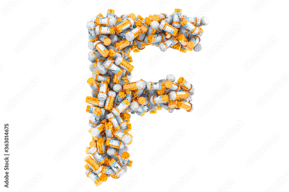 Letter F from medical bottles with drugs. 3D rendering