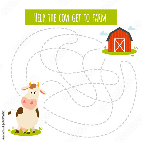 Conundrum. Farm animal educational maze game. Labyrinth page for children's magazine, leisure activity task. Activity for preschool years kids and toddlers.