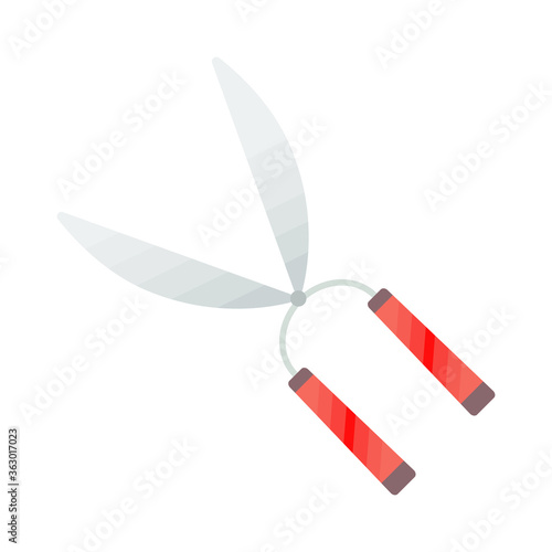 Element of garden set. Agricultural tool for garden care, colorful vector flat illustration. Gardening element pruner for cutting tree branch in garden. Hand scissors