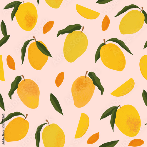 Seamless pattern with fresh bright exotic whole and sliced mango isolated on white background. Summer fruits for healthy lifestyle. Organic fruit. Cartoon style. Vector illustration for any design.