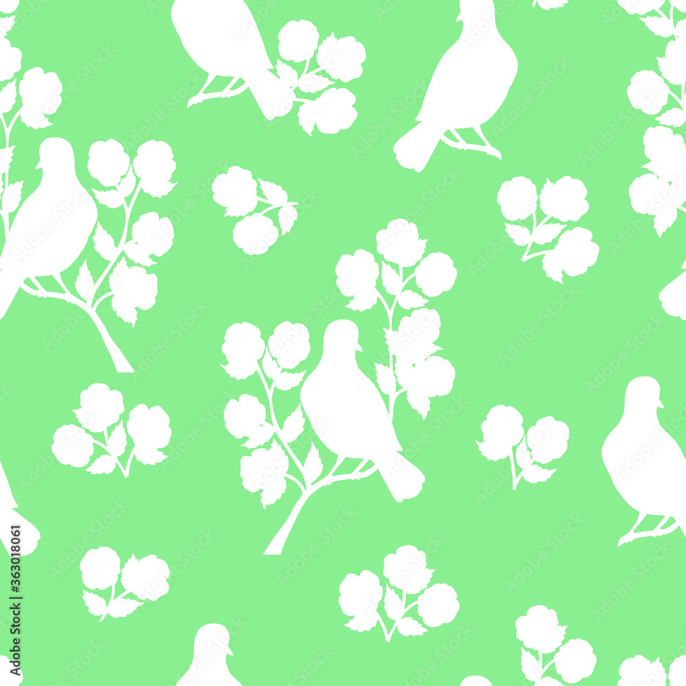 Seamless pattern with white bird silhouettes on a flowering branch