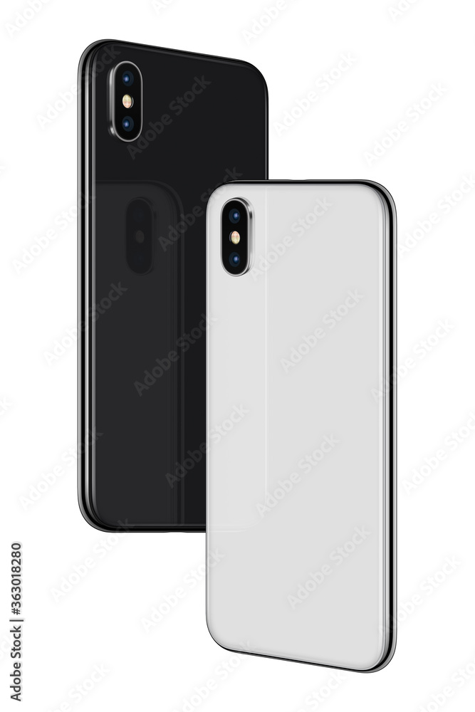 Smartphones back sides soaring in the air. Black and white rotated frameless smartphones back sides hovering in the air turned towards each other. Isolated on white background. Smartphones back sides soaring in the air. Black and white rotated frameless smartphones back sides hovering in the air turned towards each other. Isolated on white background.