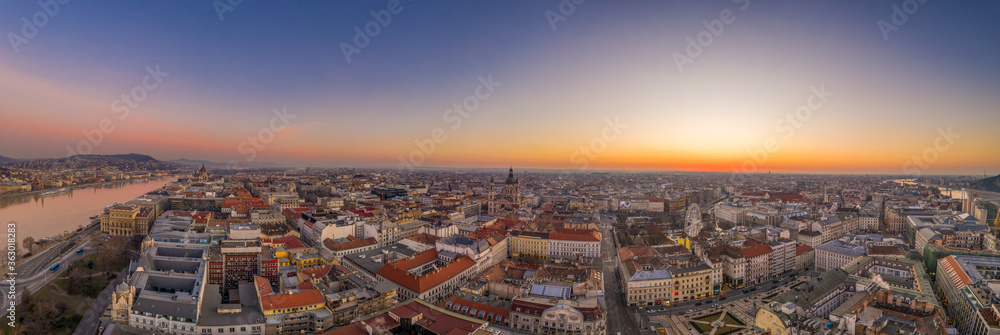 Panoramic aerial drone shot of St. Stephen Basilica at Budapest