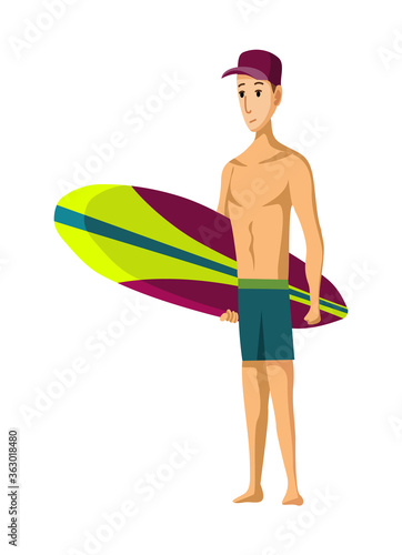 Summer beach activities. Guy standing with surfboard. Beach vacation. Cartoon style © the8monkey