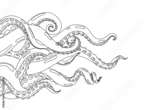 Octopus. Hand drawn background with octopus. Cartoon underwater marine animal. Coloring vector illustration of kraken or squid. Body parts protruding from out of frame