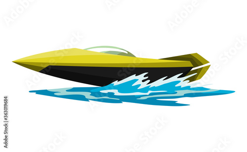 Speed motorboat. Sea or river vehicle. Sport nautical summer transportation. Motorized water vessel on sea water waves. Isolated on white background