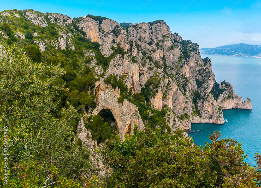 A view along the coast towards Sorrento from the coastal path on the island of Capri, Italy