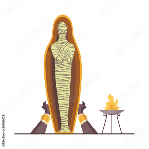Egyptian mummy. Ancient archaeology sarcophagus. Tomb of pharaoh. Museum exposition with artifacts of ancient Egypt. Bandaged corpse. Religion and mythology. Ancient egyptian culture