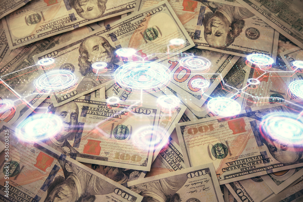 Multi exposure of social network drawing over us dollars bill background. Concept of people connection. Multi exposure of social network drawing over us dollars bill background. Concept of people connection.