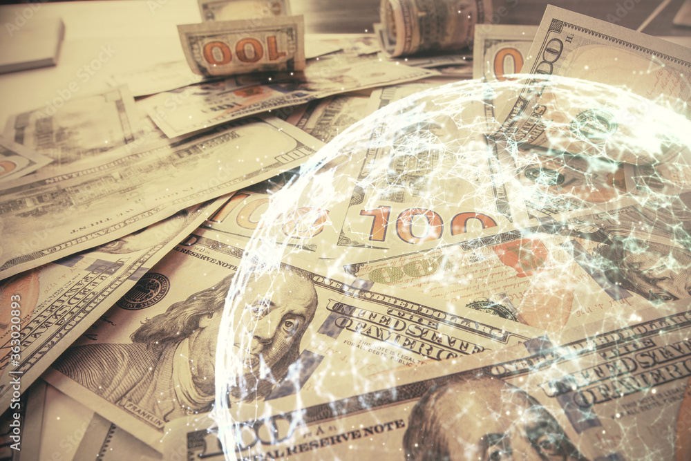 Multi exposure of social network drawing over us dollars bill background. Concept of people connection. Multi exposure of social network drawing over us dollars bill background. Concept of people connection.