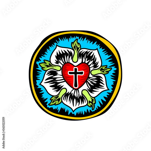 Rose Luther. Illustration of theology and confession of faith in the atoning sacrifice of the Lord and Savior Jesus Christ.