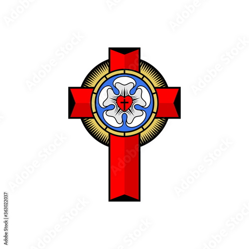 Rose Luther. Illustration of theology and confession of faith in the atoning sacrifice of the Lord and Savior Jesus Christ.