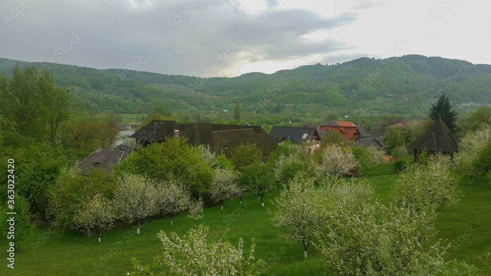 Barsana monastery, Maramures, Romania, Europe, spring 2018. Beautiful views of green meadows with houses from Barsana monastery.