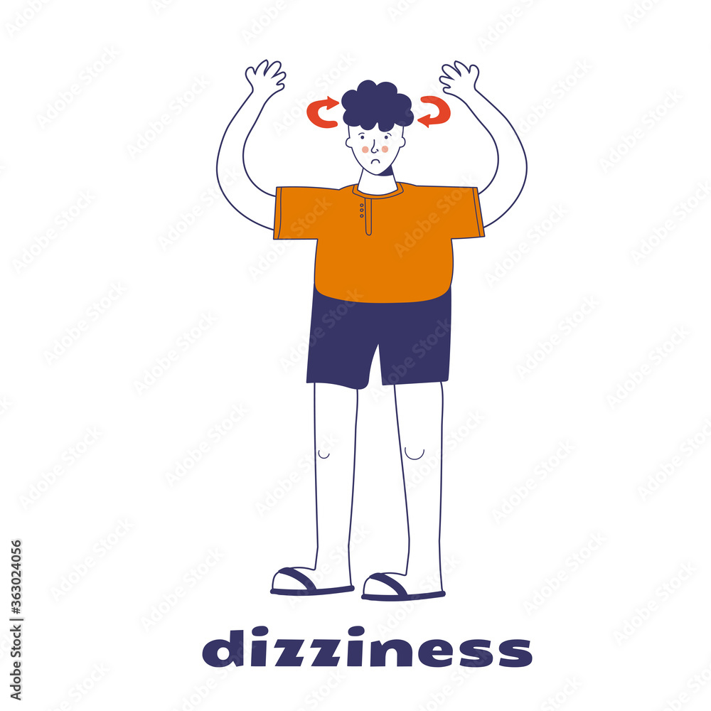 Confused boy seeing spinning stars. Loss of consciousness flat design ...