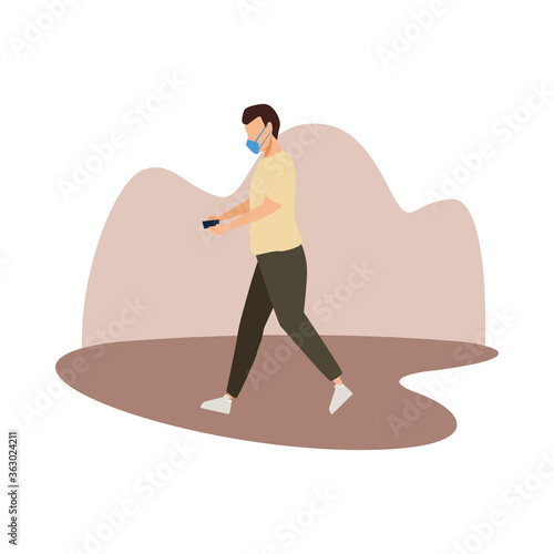 young man wearing medical mask chatting with smartphone character