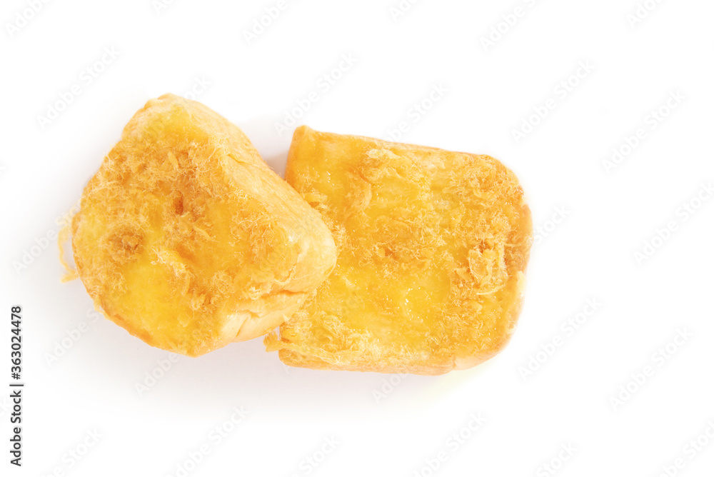 Sliced bread with dried shredded pork on white background. Sliced bread with dried shredded pork on white background.