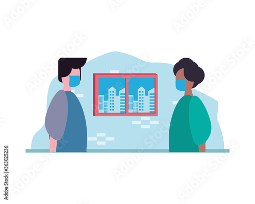 interracial young men wearing medical masks in the house