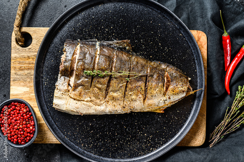 Baked Yellowtail, Japanese amberjack fillet.  Gray background. Top view