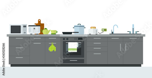Kitchen with gray furniture, utensils and appliances. Vector flat illustrations.