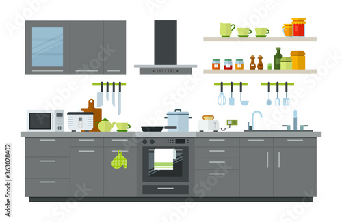 Illustration of a kitchen interior with furniture, appliances and utensils vector illustration