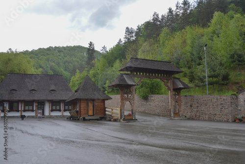 Barsana Monastery, Maramures, Romania, Europe, spring 2018. Parking of the Barsana Monastery. Barsana Monastery is one of the main points of interest in the Maramures area. © LourPhoto