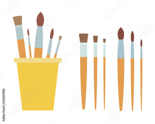 Drawing brushes in a glass and brushes with a flat and sharp bristle vector