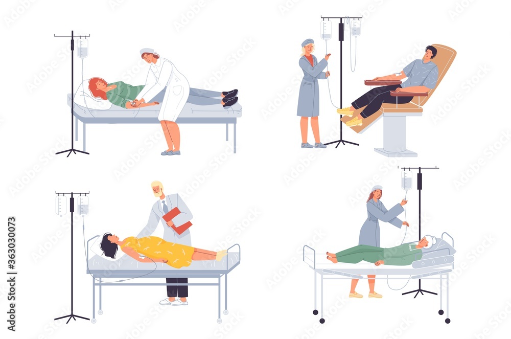 Doctor or nurse assistant put dropper to injured sick patient medical set. Pregnant woman, senior lady, young man, teenager girl receiving intensive therapy. Professional first aid, emergency help