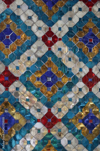 Pattern of Colorful Glass Mosaic Tiles in Thai Temple