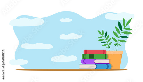 Stack of books isolated vector illustration. Plant and notebooks on the blue background