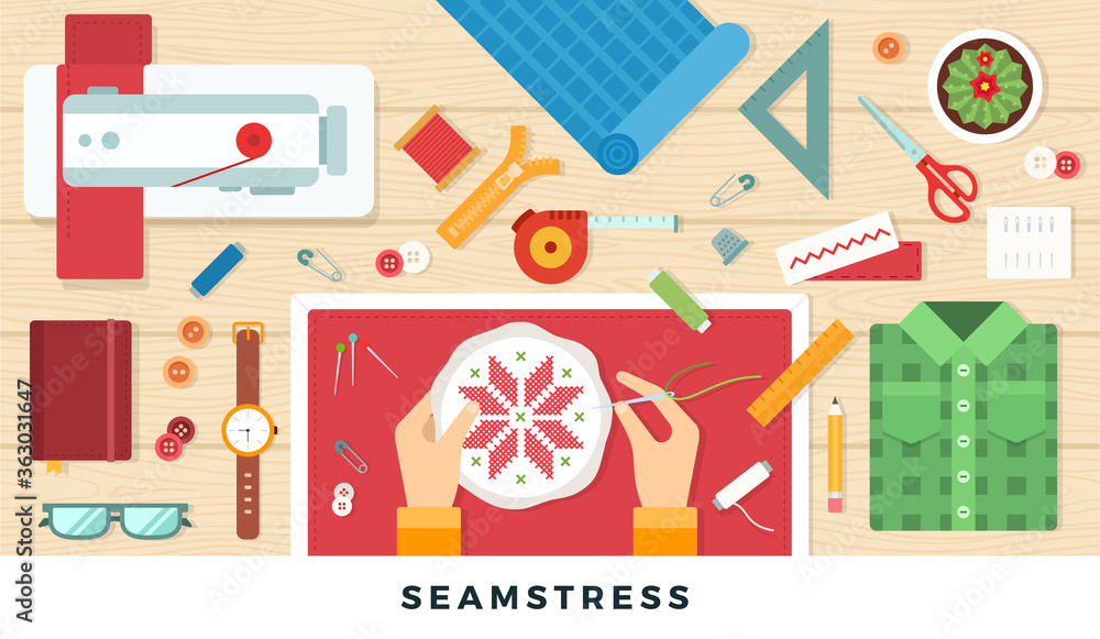Handmade seamstress. Vector flat illustration. Hobby and leisure concept. Top view.