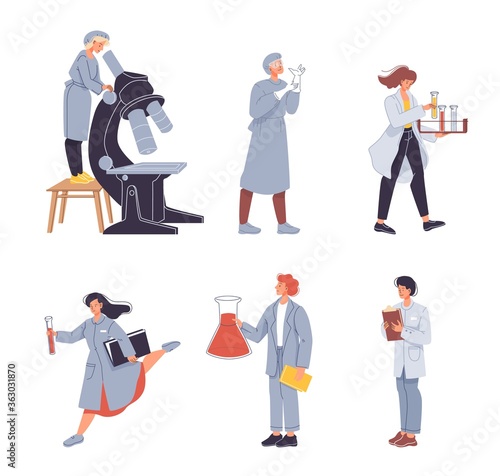 Scientist worker, researcher, lab assistant people character isolated set. Man woman in uniform working on microscope laboratory equipment, holding glass flask, clipboard for notes, wearing gloves