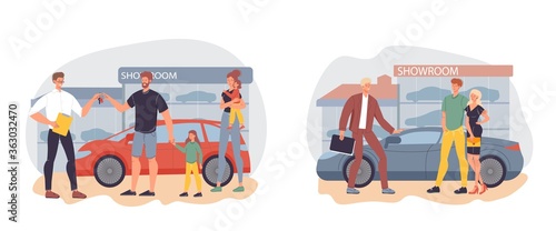 Car showroom, automobile dealership or rental center set. People visiting automotive garage to rent, buy vehicle. Seller presenting new sportcar model to young couple. Salesman giving key to family