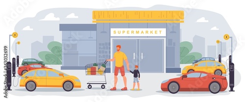 Charging point area for plug or unplug electric car at supermarket parking yard. Green energy battery supply station. Plug-in vehicle. Father son pushing shopping trolley cart filled grocery purchases