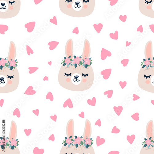 Cute seamless spring pattern with sleeping rabbits heads, hearts. Hand drawn background with animal for children.