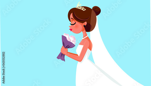 Beautiful Bride Holding Flower Bouquet Wedding Illustration