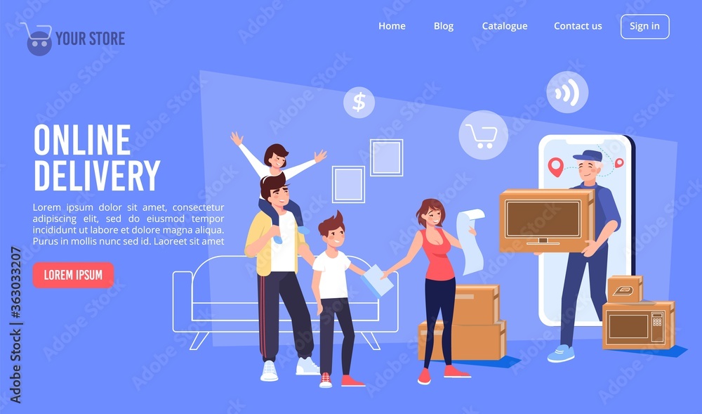 Electronics store online delivery service. Happy family children meeting courier delivering purchase to door. Buy goods home appliance via internet. Mobile trekking application. Landing page design Electronics store online delivery service. Happy family children meeting courier delivering purchase to door. Buy goods home appliance via internet. Mobile trekking application. Landing page design