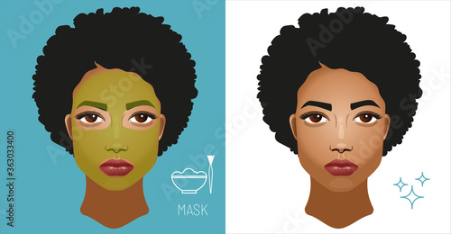 Beautiful african american girl with beauty face mask. Spa natural cosmetics organic beauty facial mask. Self-care beauty treatment skincare concept.