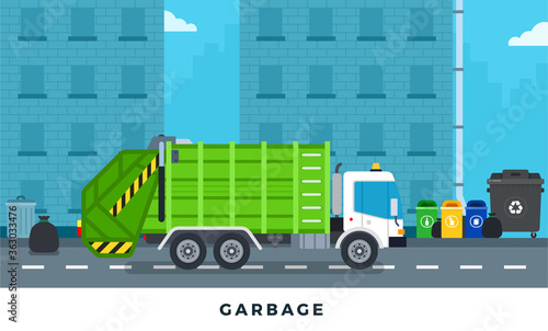 Garbage truck, trash can on city street with buildings. Vector flat illustrations.