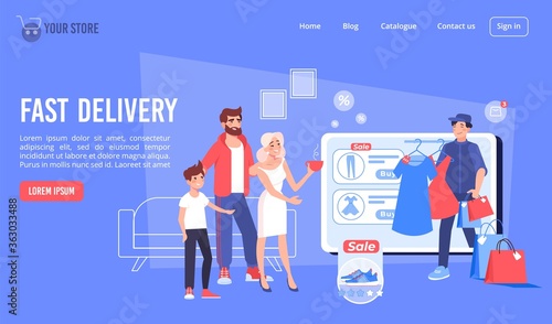 Shopping in online clothing store fashion boutique offering fast goods delivery service. Sale discount special proposition. Happy family talking to man shop assistant choosing clothes. Landing page © VectorSpace